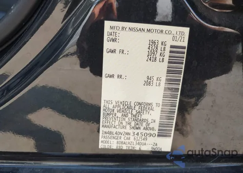 2021 Nissan Altima Sv Fwd из США, поврежденный, VIN 1N4BL4DV2MN345090